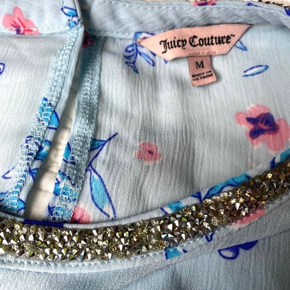 Juicy Couture Top Medium Rain Floral Ruffle Blouse Rhinestone Neck - Picture 10 of 15